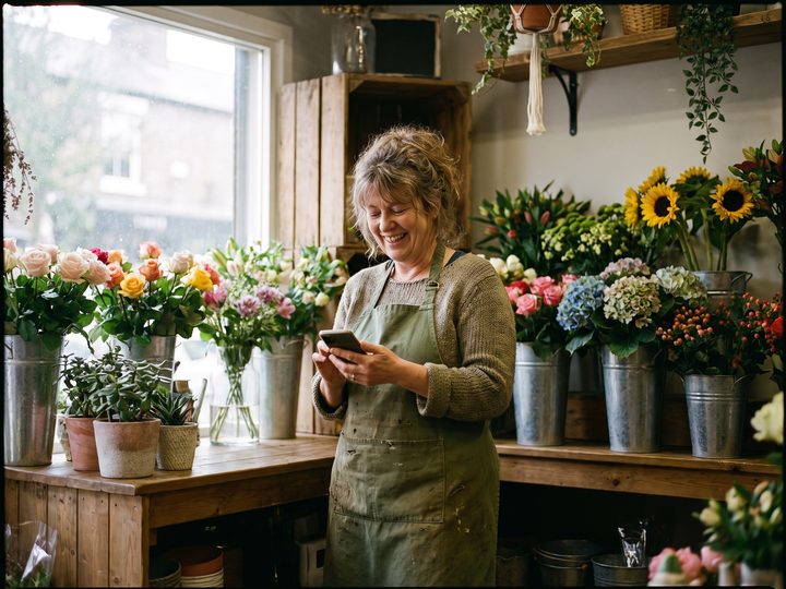 A florist checking her phone at the counter